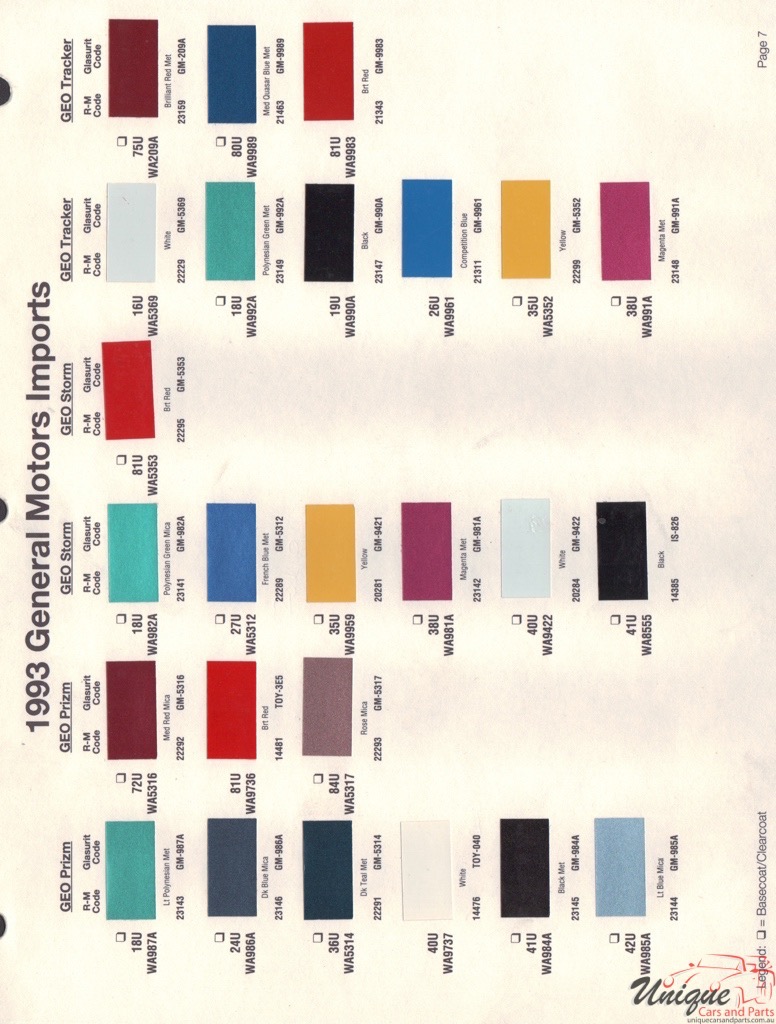 1993 General Motors Import Paint Charts RM 2